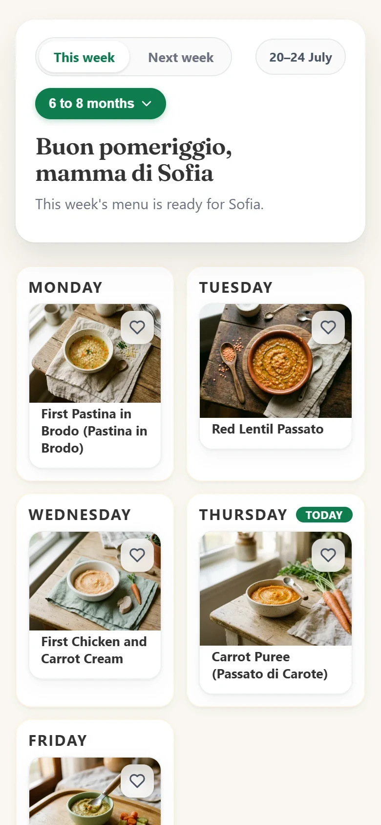 The Primi Bocconi app showing this week's menu for a baby