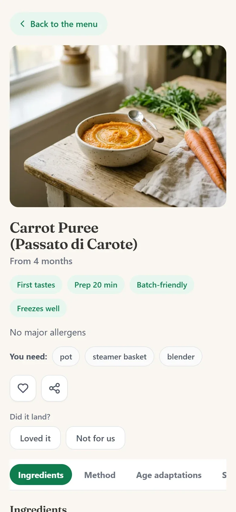 A Primi Bocconi recipe with age textures, safe cuts and allergen notes