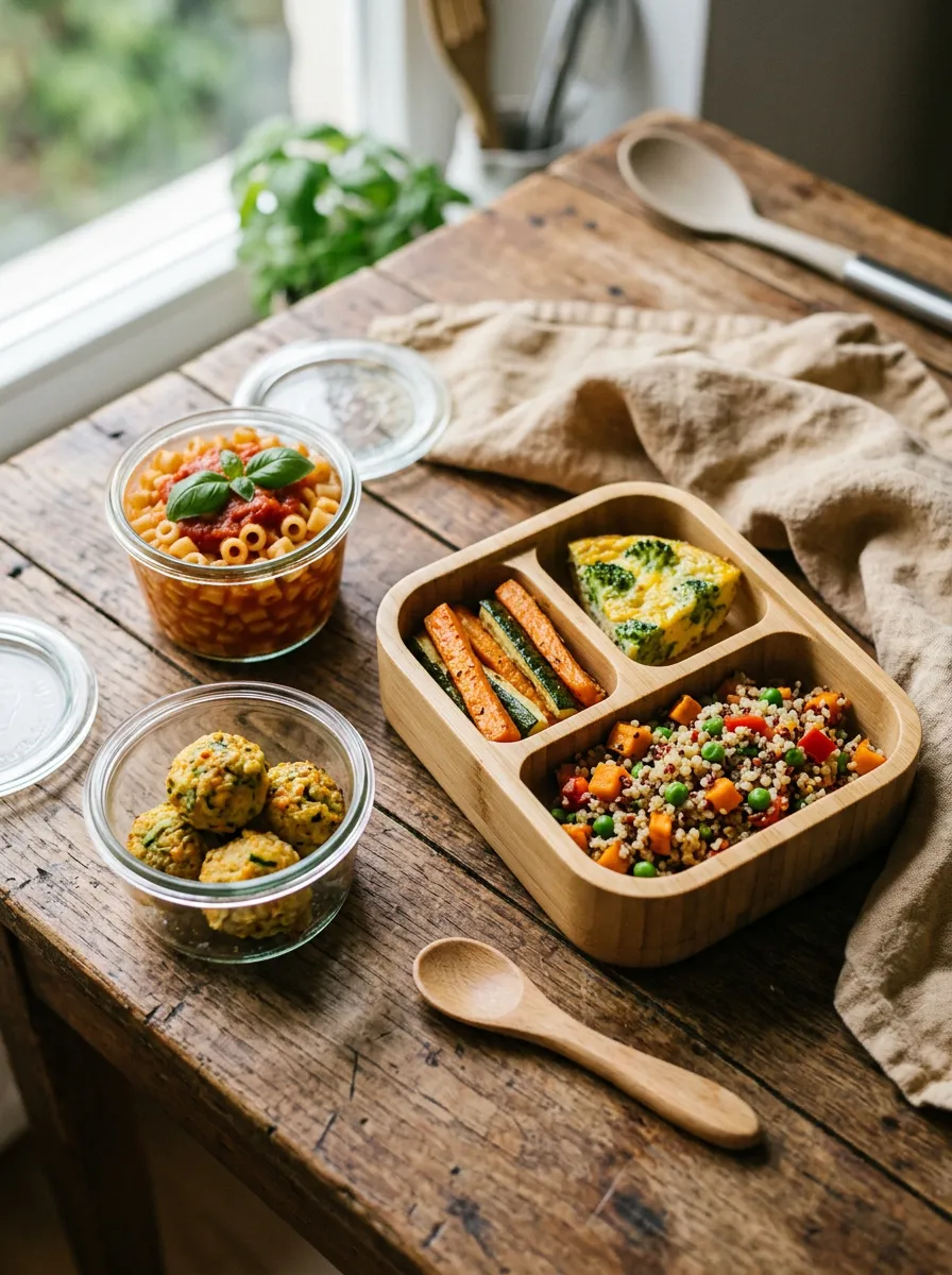 Toddler portions of pasta, polpettine and vegetables in containers