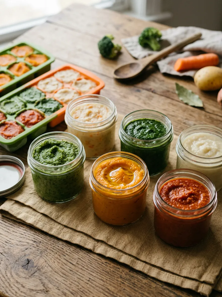 Jars and trays of vegetable purees for 6-8 month olds