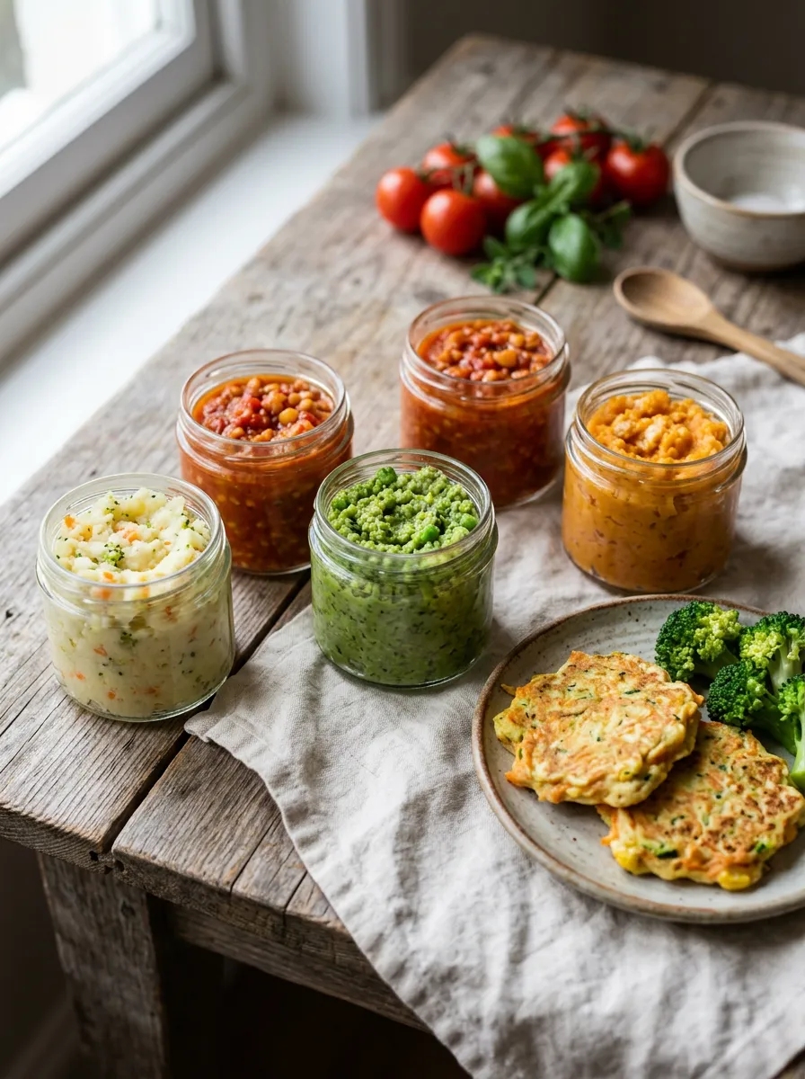 Mashed meals and soft pancakes portioned for 9-12 month olds