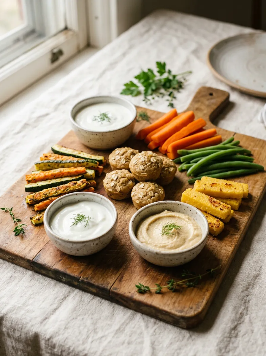 Baked finger-food strips and soft batons on a board