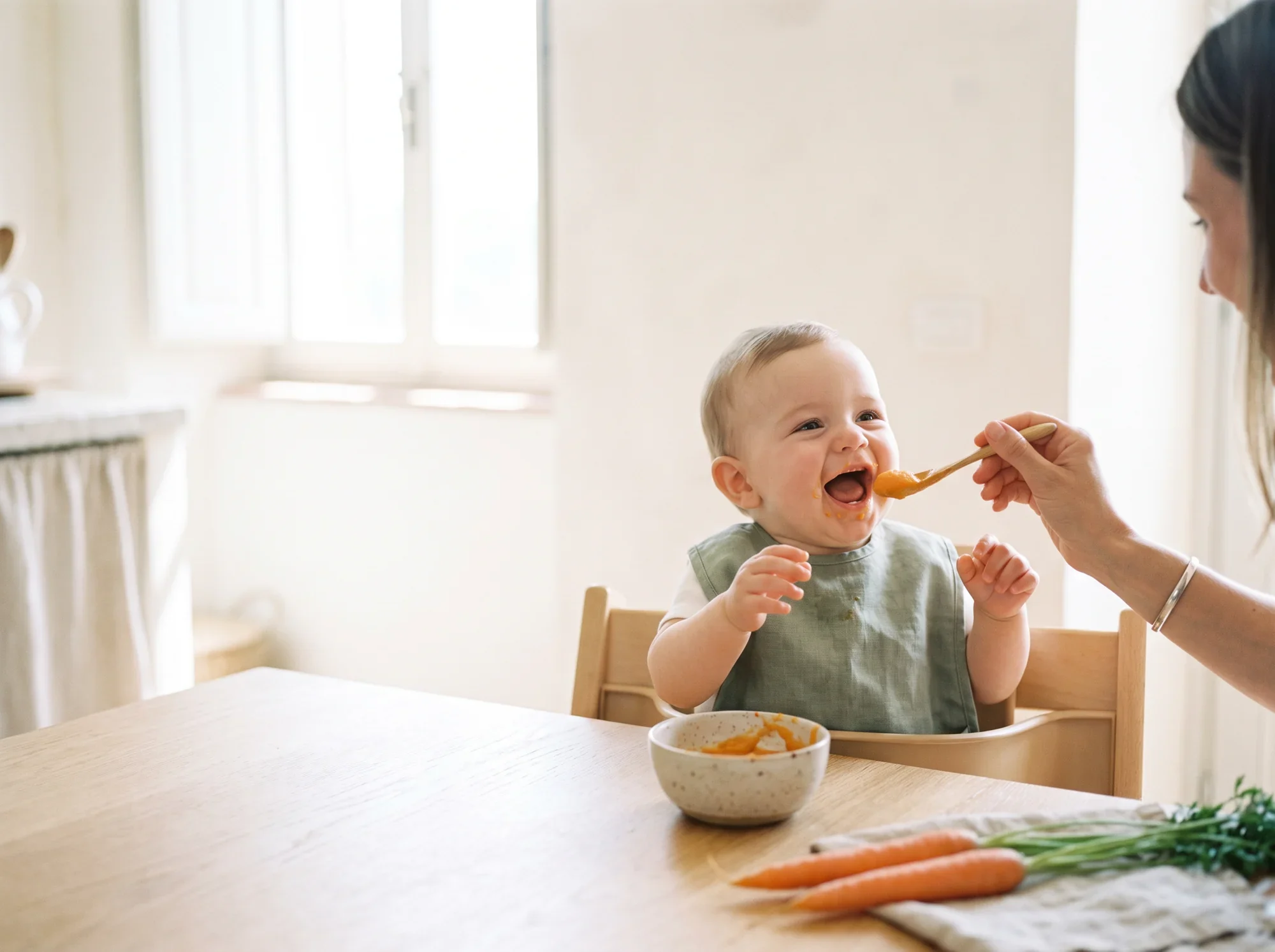 A baby in a high chair laughing while being fed a spoonful of smooth carrot puree