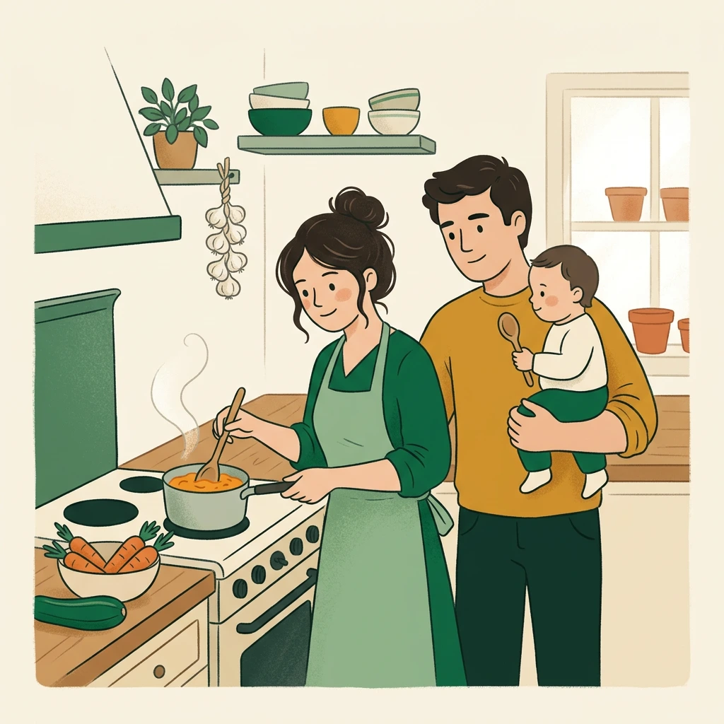 Illustration of a couple cooking baby food together, one holding their baby
